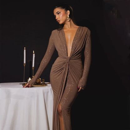 Autumn Winter Sexy Deep V Plunge neck Ribbon Dress Sexy Slit Slim Fitting Dress by Ragazza