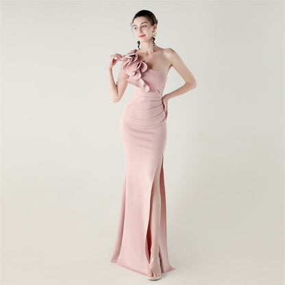 One Shoulder Craft Beading Wave Floral Satin High Slit Sexy Evening Dress Dinner Party Wedding Social