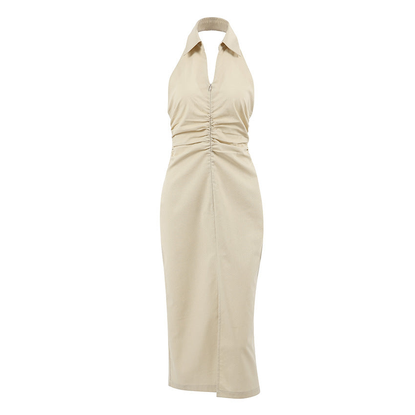 French Khaki Cotton Linen Slim Fit Waist Tight Dress Spring Summer Midi Dress for Women by Ragazza