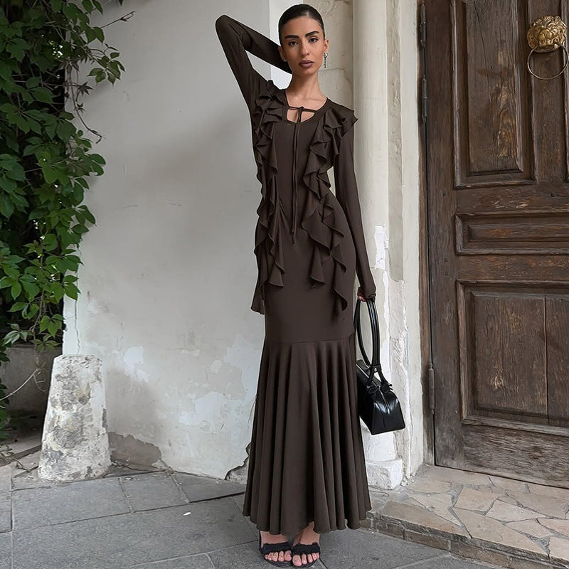 Women Clothing Autumn Ruffles Lace up Long Sleeve Waist Dress