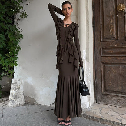 Women Clothing Autumn Ruffles Lace up Long Sleeve Waist Dress