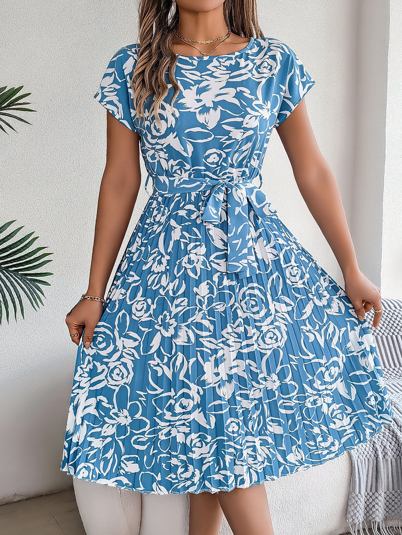 Spring Summer Elegant Floral Short Sleeve Large Hem Pleated Dress Women Clothing