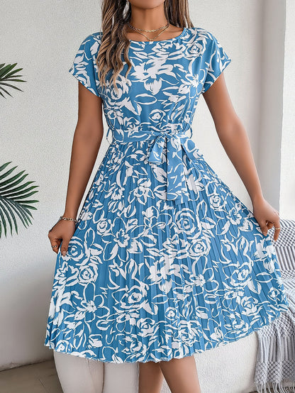 Spring Summer Elegant Floral Short Sleeve Large Hem Pleated Dress Women Clothing