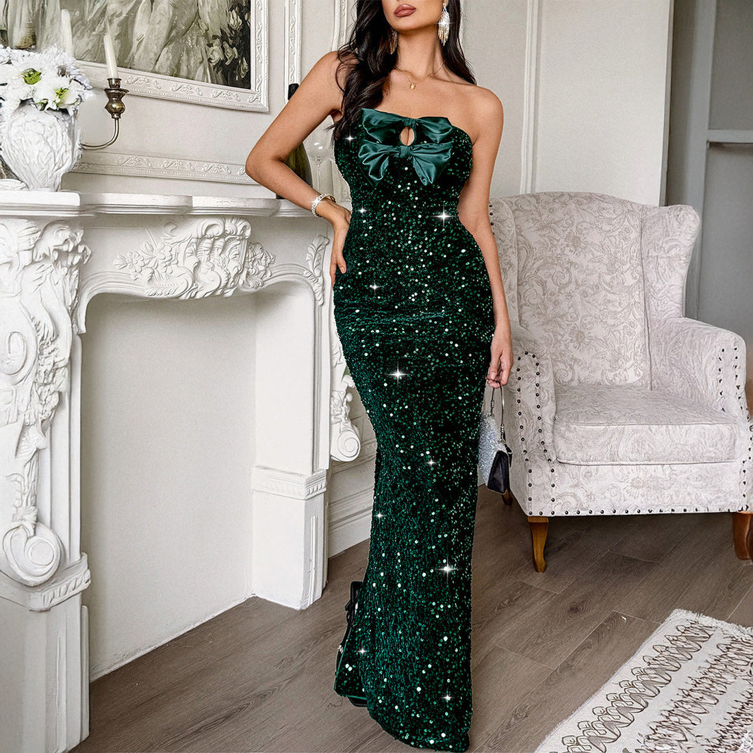 Women Elegant Evening Dress Tube Top Sexy Maxi Dress