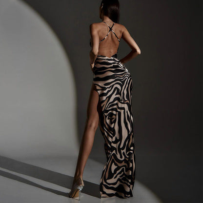 Summer Tiger Pattern Bare Back Mesh Splicing Sling Dress High Slit Beach Vacation Dress by Ragazza