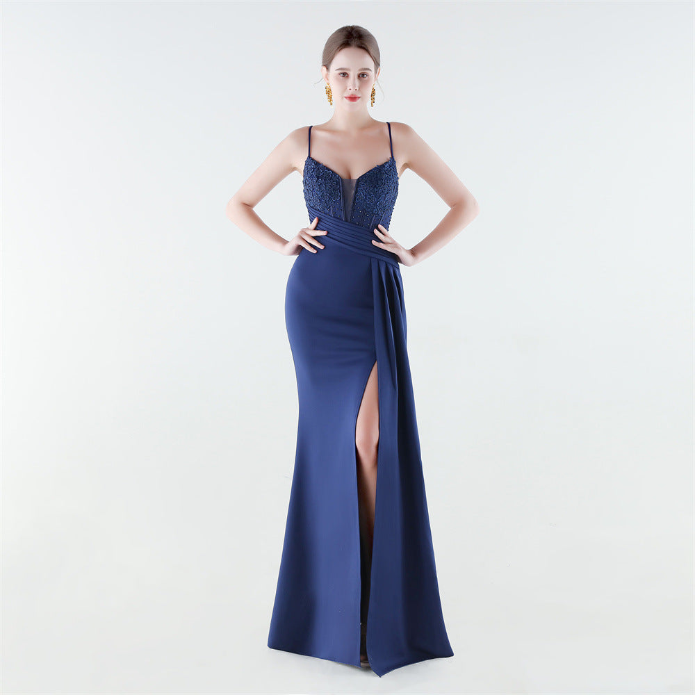 Deep V Plunge Waist Tight High Slit Sequin Embroidered Strap Slim Fit Elegant Evening Dress