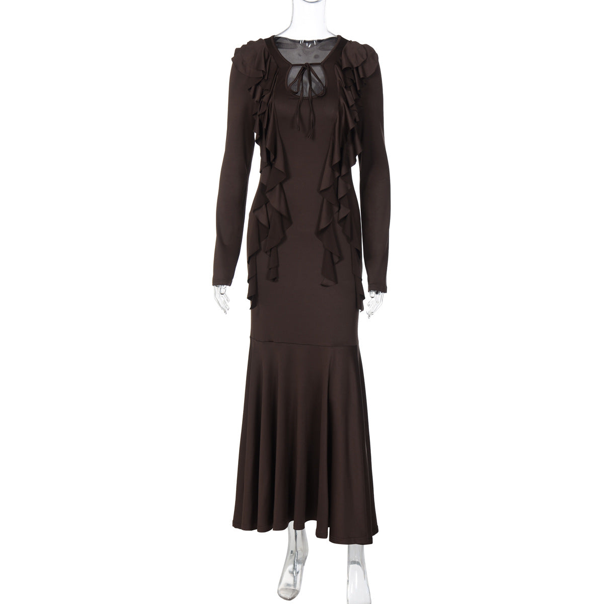 Women Clothing Autumn Ruffles Lace up Long Sleeve Waist Dress