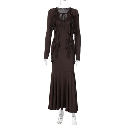 Women Clothing Autumn Ruffles Lace up Long Sleeve Waist Dress