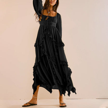 Fall U Collar Ruffled Lace Patchwork Slit Gentle Large Swing Dress Dress by Ragazza