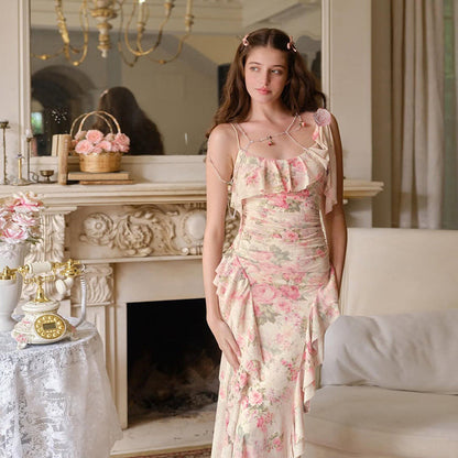 Spring Women Clothing French Sexy Ruffled Floral Decoration Printed Mesh Sling Dress by Ragazza