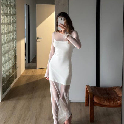 Spring Arrival Women Elegant Long Sleeve Tulle Dress Double Layer Design White Moonlight Dress by Ragazza