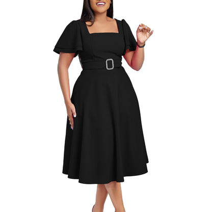Women Clothing Flared Sleeves Square Collar High Waist Solid Color Elegant Dress