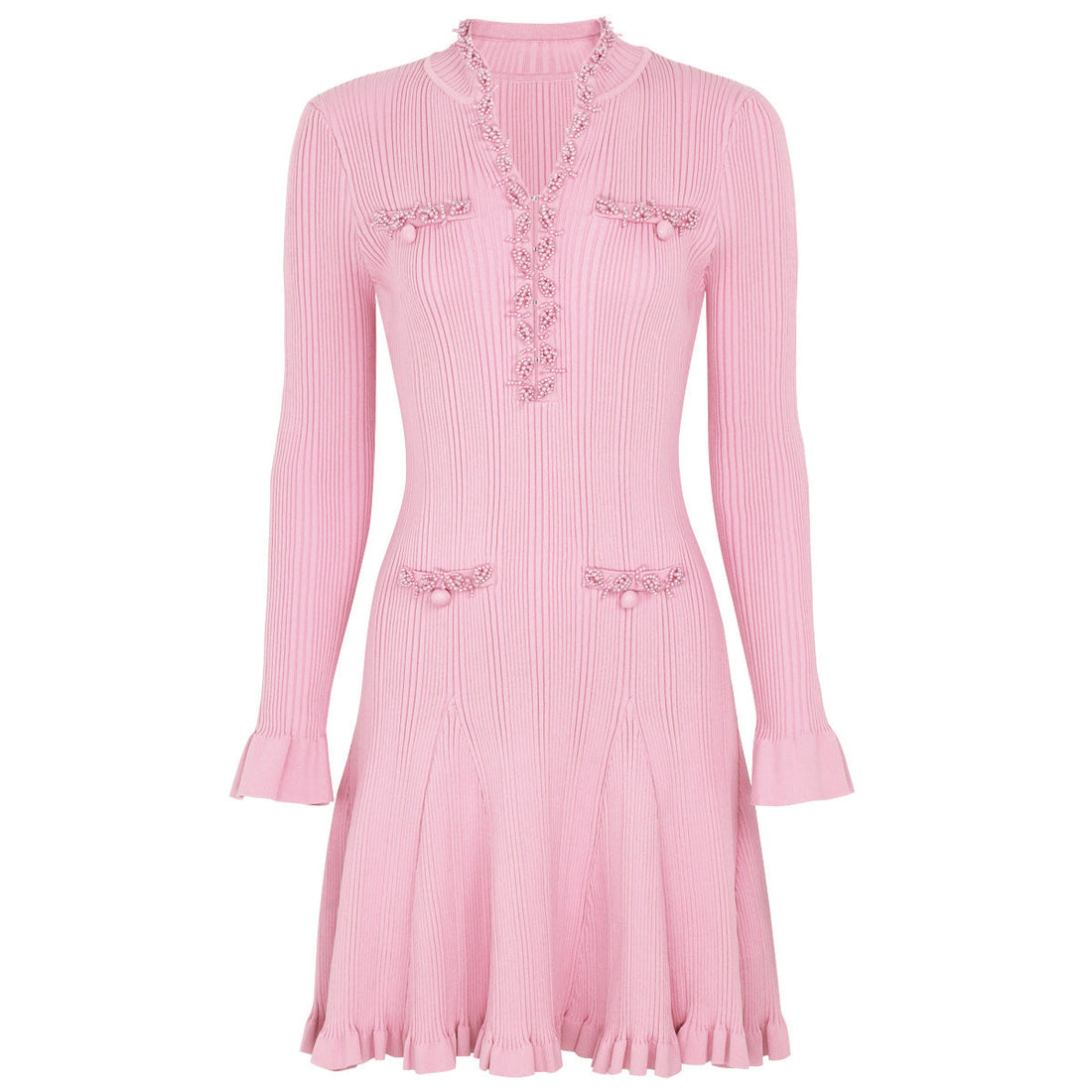 Spring Autumn Fashionable Knitted Heavy Industry Beaded Slim Fit Slimming Long Sleeves Dress
