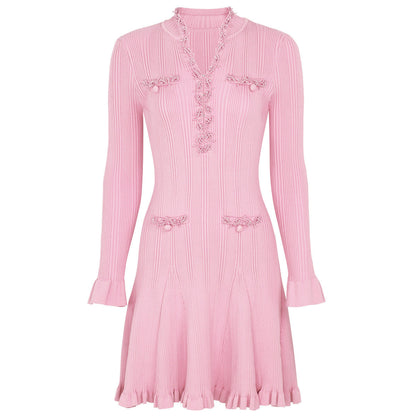 Spring Autumn Fashionable Knitted Heavy Industry Beaded Slim Fit Slimming Long Sleeves Dress