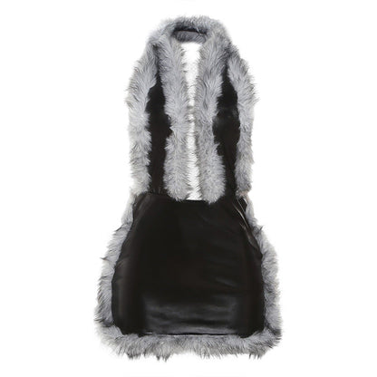 Women Clothing Autumn Winter Sexy Fur Stitching Faux Leather Halter Deep V Plunge neck Dress Women