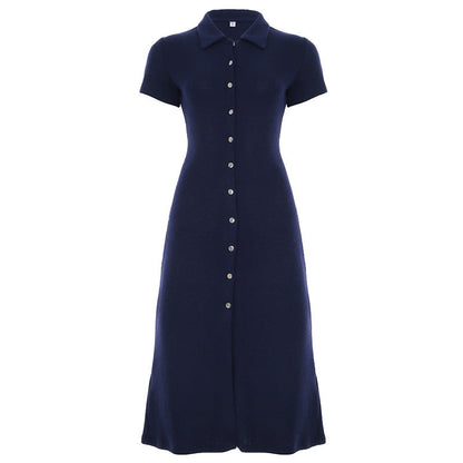 Women Basic Solid Color Knitted Breasted Polo Collar Short Sleeve Dress Elegant Dress