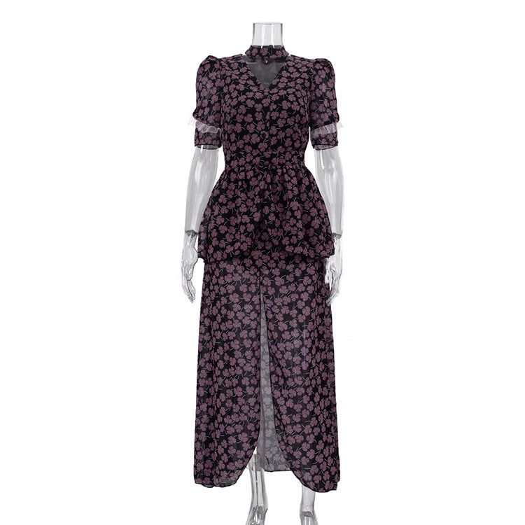 Digital Printing French Dress Women V neck Short Sleeve Front Slit Waist Seal Floral Dress by Ragazza