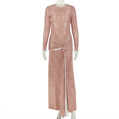 Women Pleated Strap Printing A line Dress round Neck Long Sleeve Casual Holiday Dress by Ragazza