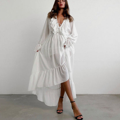 Drawstring V neck Flared Sleeves Chiffon Dress Asymmetric Design White Casual Long A line Dress