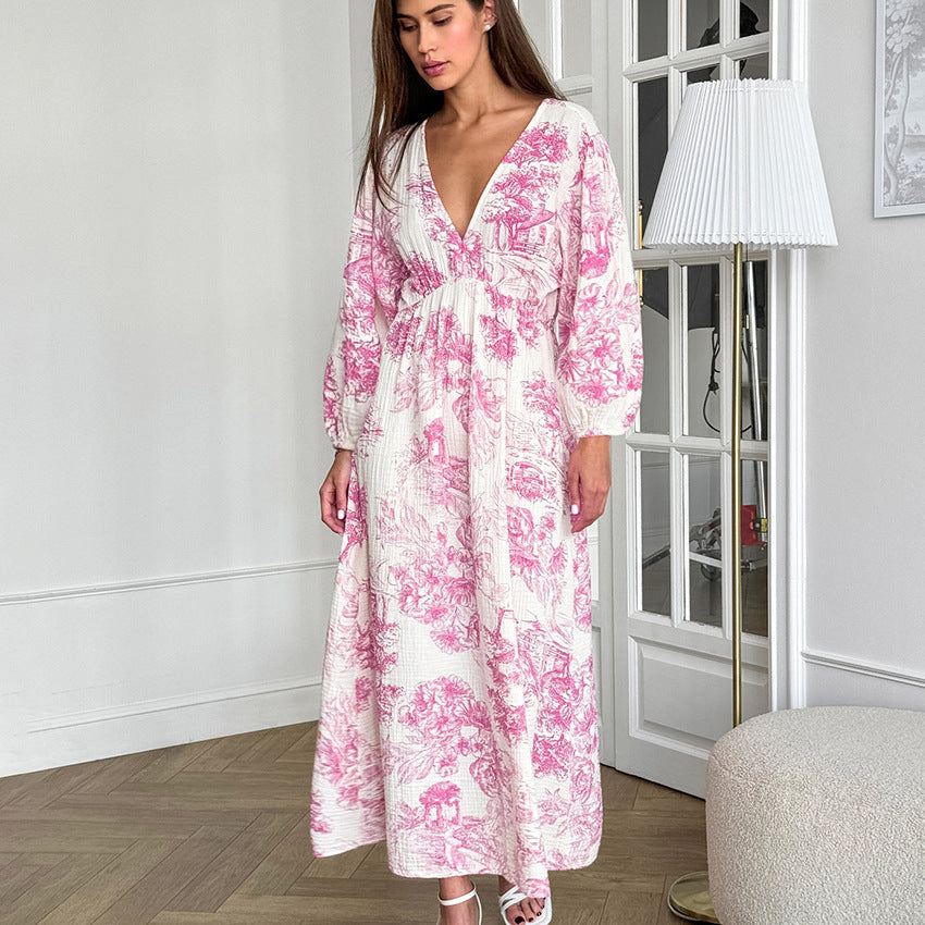 Autumn Elegant V Neck Lantern Sleeve All Matching Printed Lace Up Dress Cotton Linen Women Maxi Dress by Ragazza