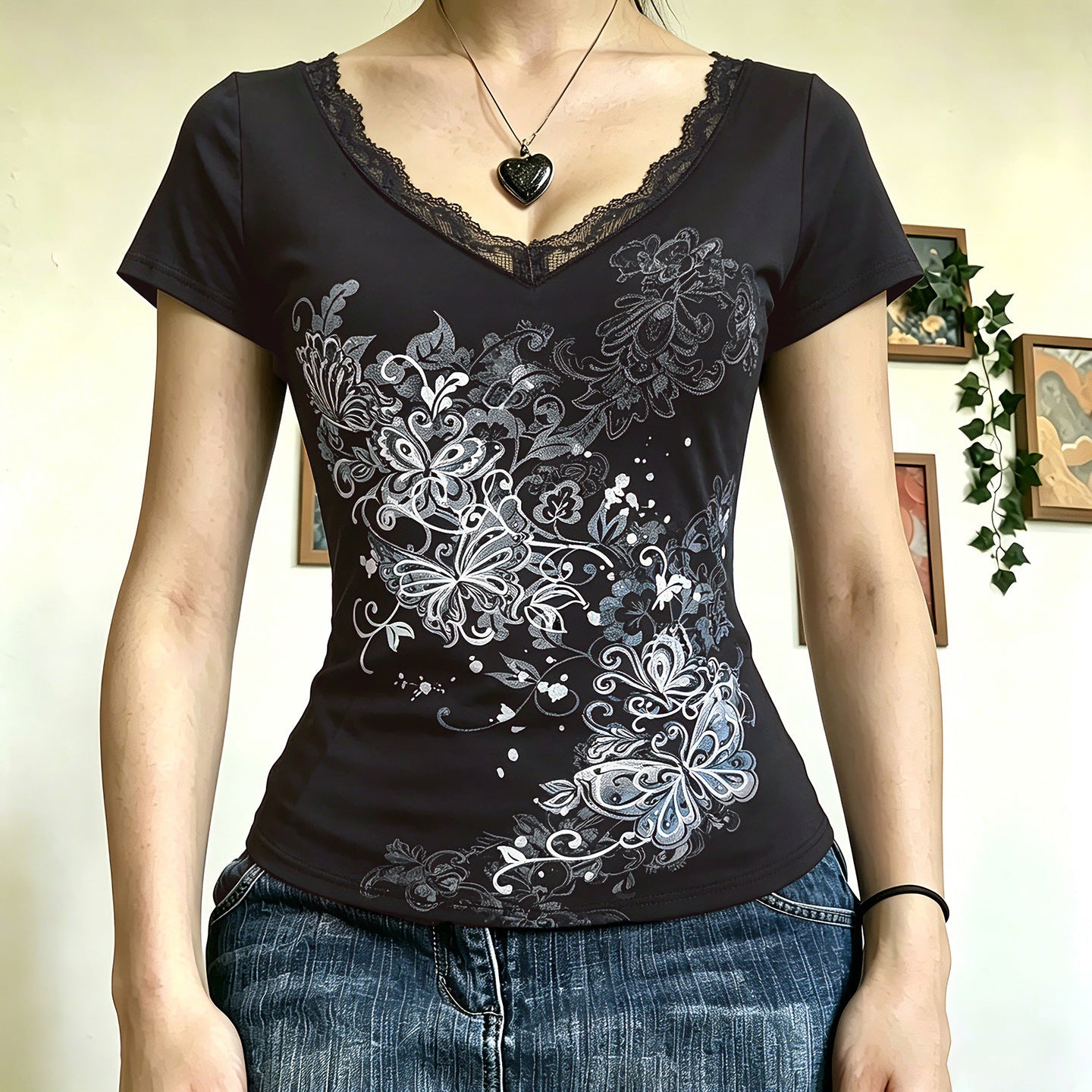 Retro Sexy Dark Printed Lace V neck Top Women Street Sexy Short Sleeve T shirt by Ragazza