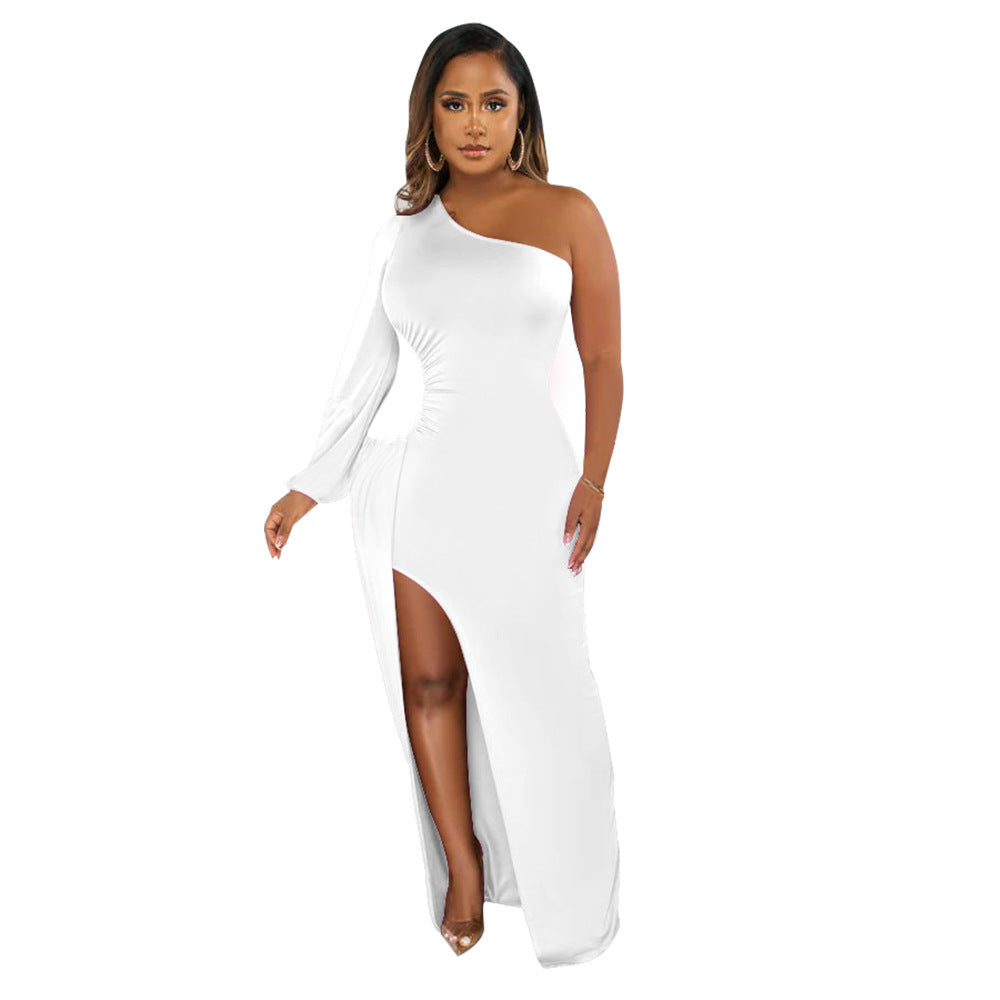 Supply Women Wear One Shoulder Lantern Sleeve Slim Fit Sexy Slit Dress by Ragazza