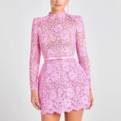 Lace Sheer Cutout Belt Slim Fit Long Sleeve Short Dress