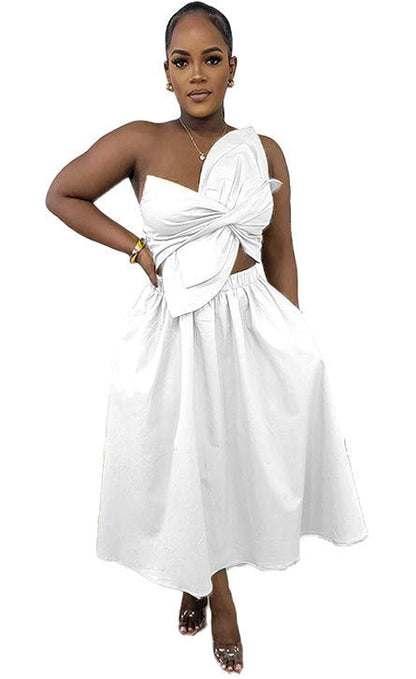 Sexy Solid Color Smocking One Shoulder Petal Hollow Out Cutout out Dress by Ragazza