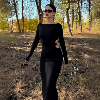 Women Clothing Sexy Hollow Out Cutout round Neck Autumn Long Sleeve Dress