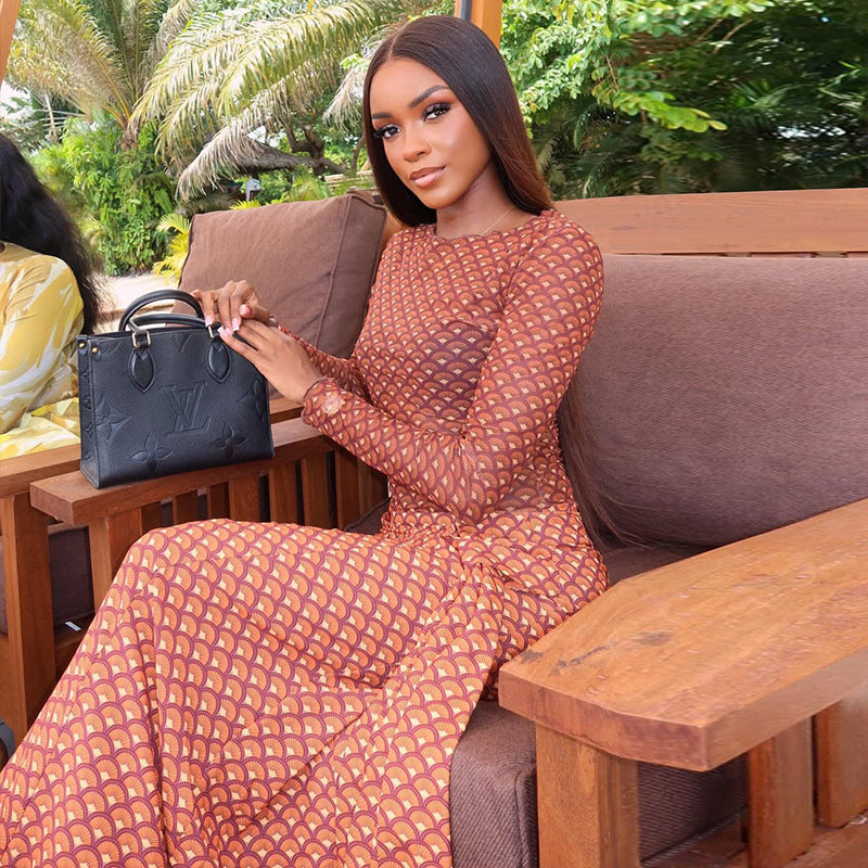 Women Pleated Strap Printing A line Dress round Neck Long Sleeve Casual Holiday Dress by Ragazza
