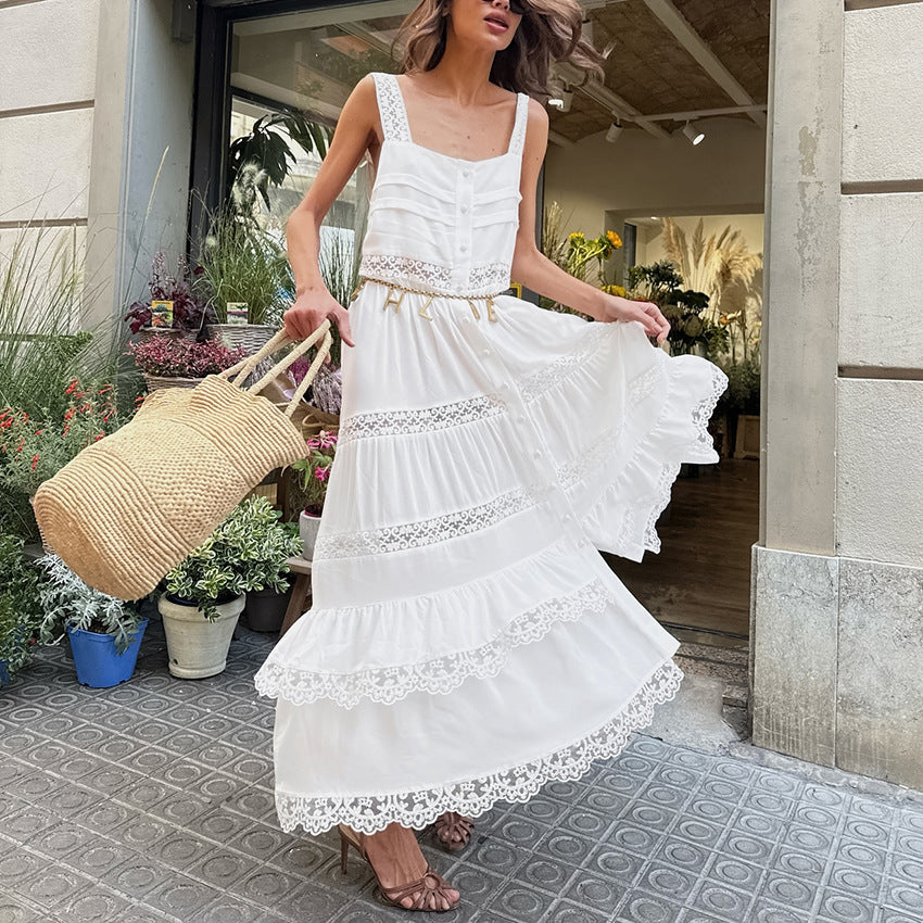 Bohemian White Long Lace Stitching Tiered Dress Women Summer Lazy Casual Suspenders Dress Without a belt by Ragazza