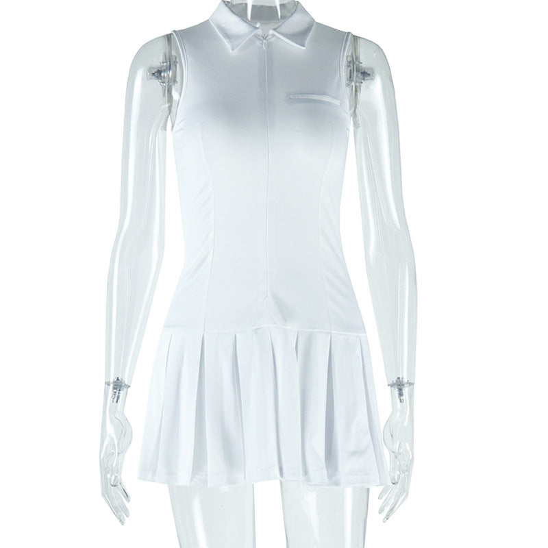 Women Clothing Solid Color Dress Sexy Sleeveless Collared Zipper Casual Pleated Dress