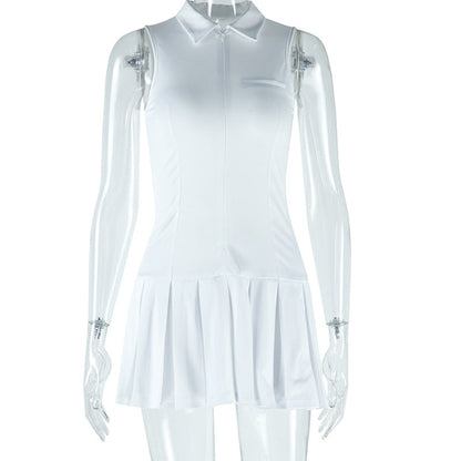 Women Clothing Solid Color Dress Sexy Sleeveless Collared Zipper Casual Pleated Dress