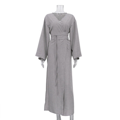 Casual Cross Design Lace up Dress Women V neck Long Sleeve Split High Waist Maxi Dress