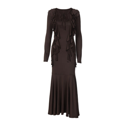 Women Clothing Autumn Ruffles Lace up Long Sleeve Waist Dress