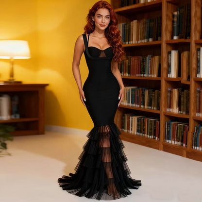 Elegant Fishtail Dress Sexy Mesh Stitching Sling Bandage One Piece Dress Party Evening Dress