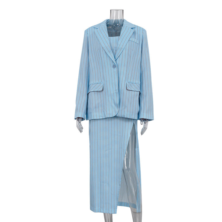 Elegant Striped Blazers Women Collared Long Sleeve Loose Blazer Split High Waist Sling Dress Two Piece Sets by Ragazza
