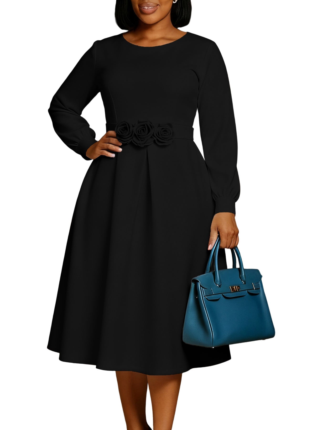 Women Clothing Autumn Winter Dress Solid Color round Neck Floral Swing Dress