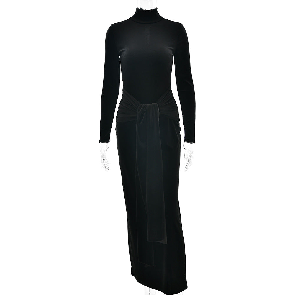 Autumn Winter Sexy Women Clothing Dress Half High Collar Long Sleeves Solid Color Maxi Dress Lace up Pleated Dress by Ragazza