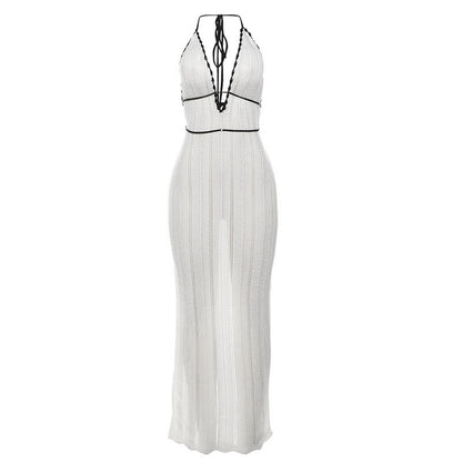 Autumn Winter Women Color Contrast V Neck Halter Lace Up Backless Knitted Dress by Ragazza