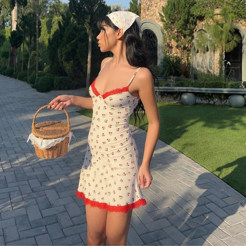 Women Clothing Summer Fresh Sweet Print Stitching Lace Strap Dress for Women