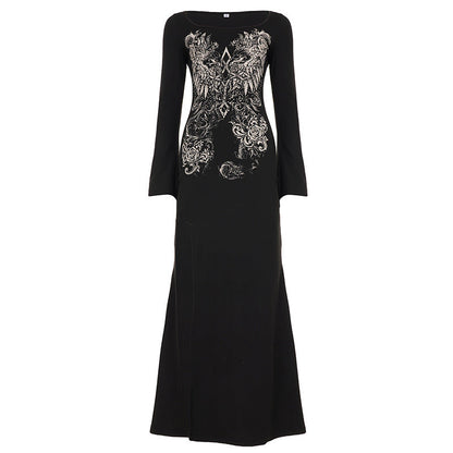 Arrival Dark Street Retro Printed Sexy Long Sleeved Dress Women Split Niche Dress