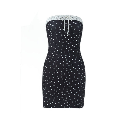 Sexy Women Dress Wrapped Chest Pleated Polka Dot Color Contrast Patchwork Slim Dress
