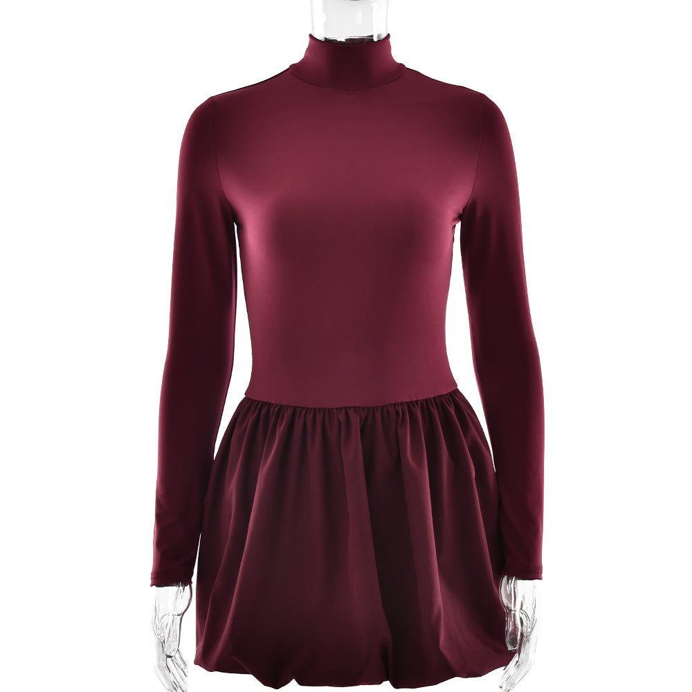 Elegant Slim Fit Women Dress Sexy Turtleneck Long Sleeved Tight Waist Pleated A line Dress by Ragazza