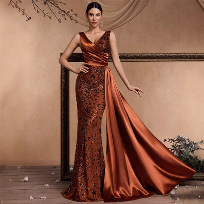 Elegant Sequin Stitching Fit V neck Sleeveless Elegant Gorgeous Noble Cocktail Party Formal Dinner Dress