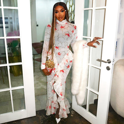 Women Clothing Fresh Printed Long Sleeve Pleated Hip Turtleneck Ruffled Split Maxi Dress