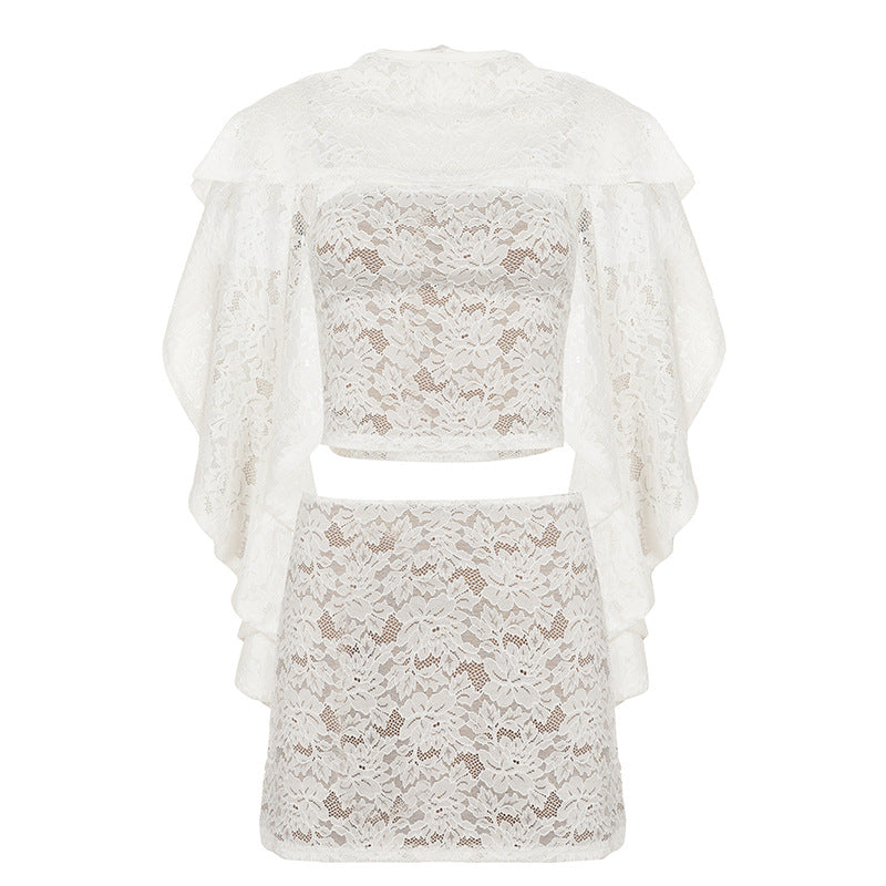 French Elegance Lace Three Piece Set Sexy Vacation Tube Top Short Skirt Blouse for Women by Ragazza