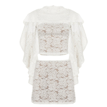 French Elegance Lace Three Piece Set Sexy Vacation Tube Top Short Skirt Blouse for Women by Ragazza