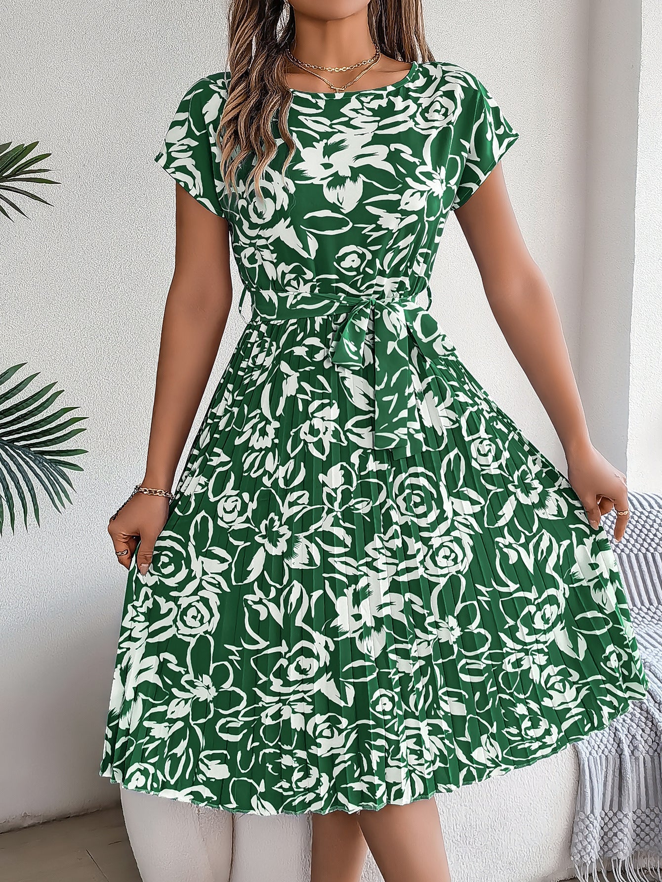 Spring Summer Elegant Floral Short Sleeve Large Hem Pleated Dress Women Clothing