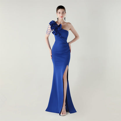 One Shoulder Craft Beading Wave Floral Satin High Slit Sexy Evening Dress Dinner Party Wedding Social
